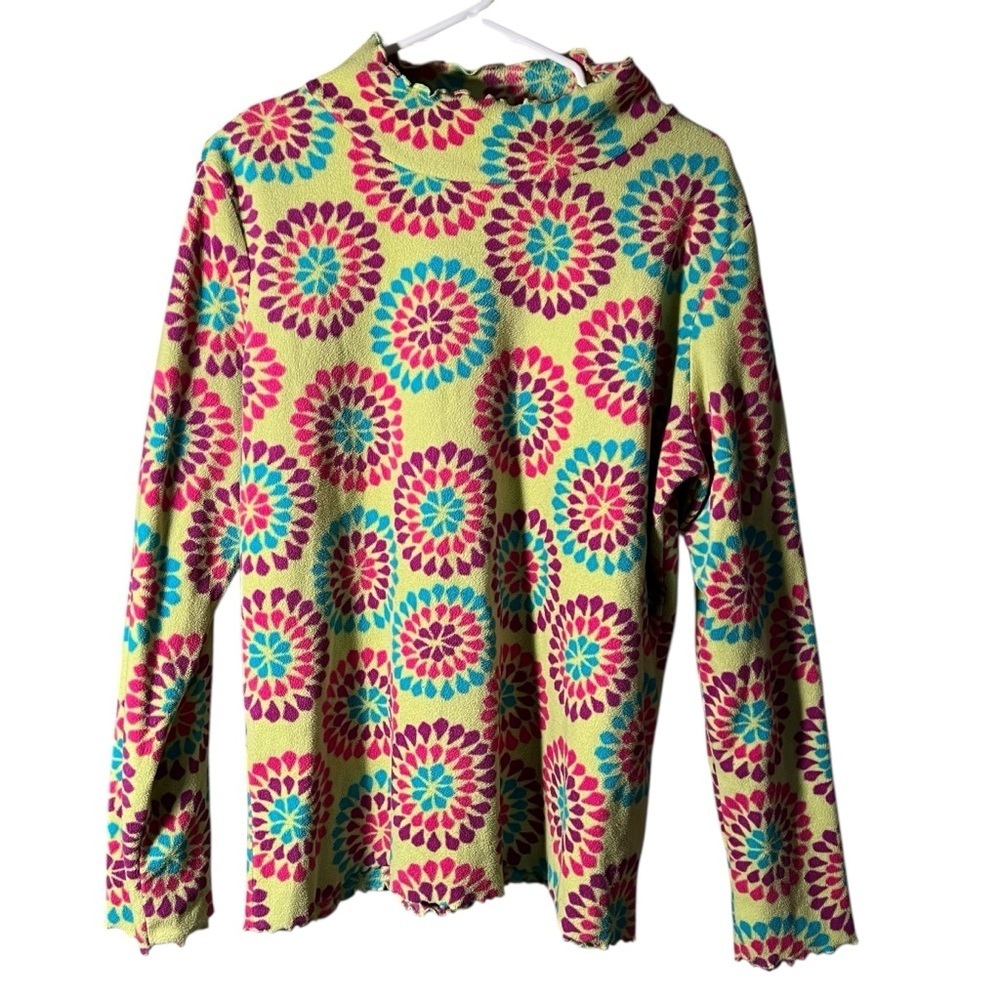 Hanna Andersson Women's Size Large Mock Neck Fleece Sweatshirt Lime Green Geo